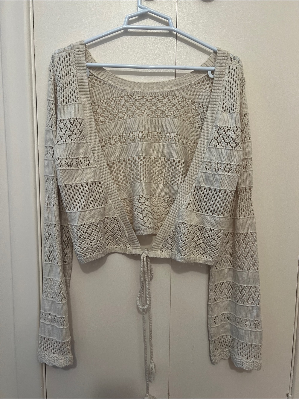NWT Light Cream Crochet Tie-Front Women's Sweater